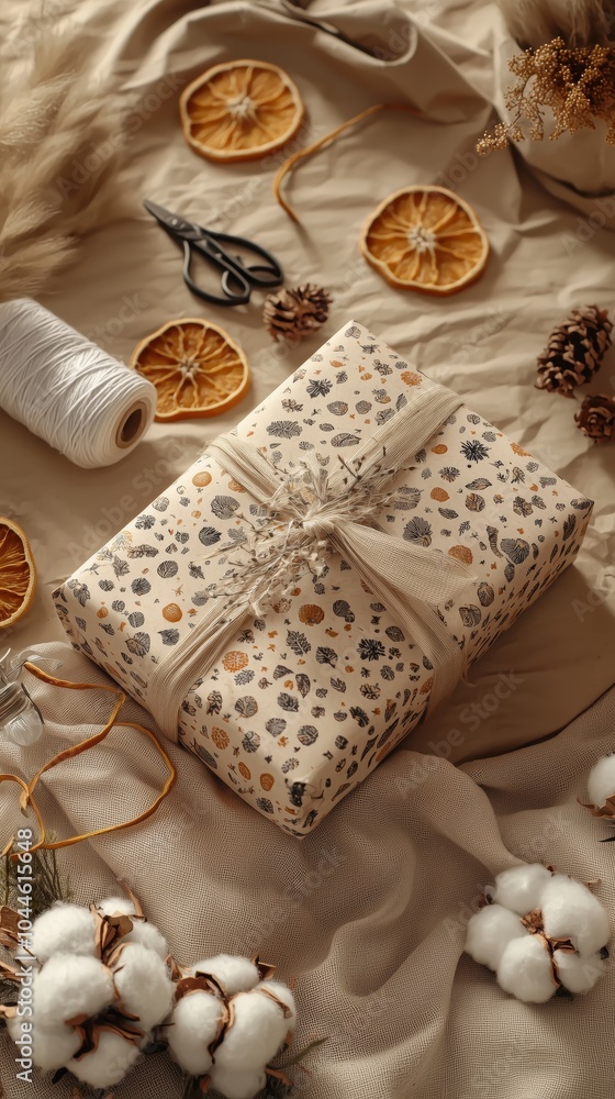 Beautifully wrapped gift with rustic elements like dried oranges, twine, and cotton, perfect for holiday or eco-friendly occasions. Beautifully wrapped gift with rustic elements like dried oranges, twine, and cotton, perfect for holiday or eco-friendly occasions.