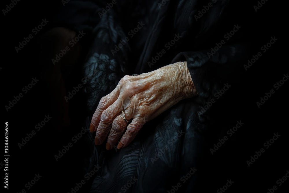 Fototapeta premium A close-up of an elderly hand with a ring, conveying age and wisdom, resting gently on dark patterned fabric.