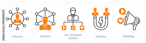A set of 5 Influencer icons as influence, expertise, user generated content