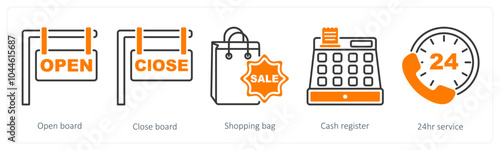 A set of 5 Offer and Sale icons as open board, close board, shopping bag