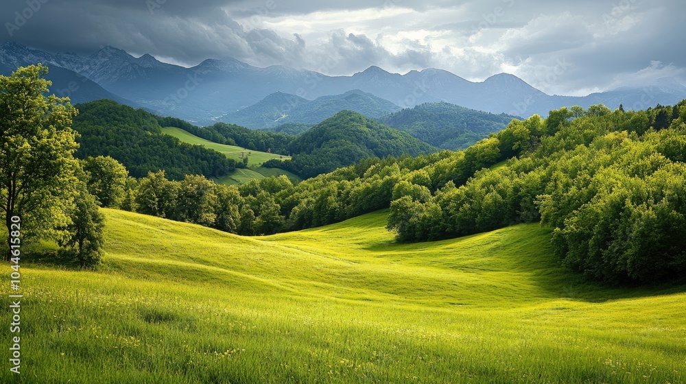 Obraz premium Lush green meadows and forests on hills overlooking majestic mountains