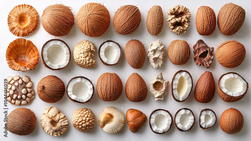 Variety of Coconut Shells and Halves on White Background Variety of Coconut Shells and Halves on White Background