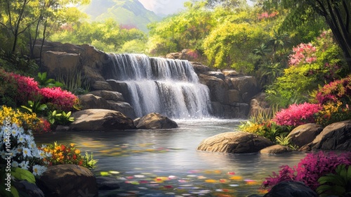 Serene Waterfall in a Lush Garden Setting