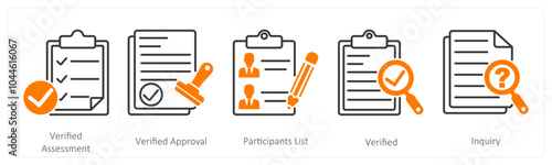 A set of 5 Survey and Rating icons as verified assessment, verified approval, participants list