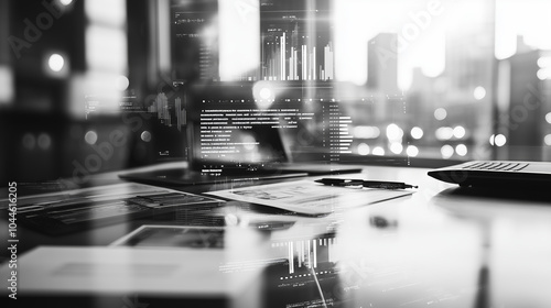 Wallpaper Mural Elegant Black and White Office with Trading Graph and City View Background Torontodigital.ca