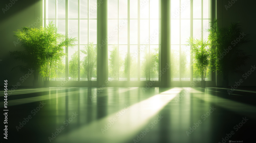 serene indoor space filled with natural light, featuring lush green plants and reflective floor. atmosphere is calm and refreshing, perfect for relaxation or meditation serene indoor space filled with natural light, featuring lush green plants and reflective floor. atmosphere is calm and refreshing, perfect for relaxation or meditation
