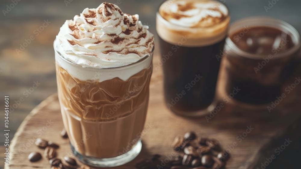 Creamy chocolate beverage with whipped cream featuring a homemade latte and iced cappuccino set on a wooden table Creamy chocolate beverage with whipped cream featuring a homemade latte and iced cappuccino set on a wooden table