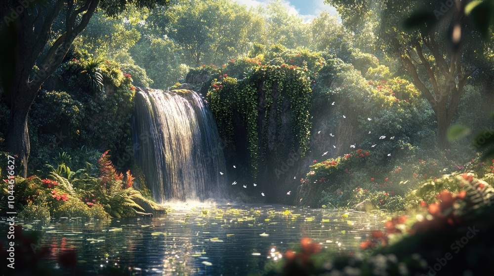 Serene Waterfall in Lush Green Forest Setting Serene Waterfall in Lush Green Forest Setting