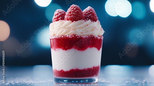 Delicious raspberry dessert in a glass, topped with whipped cream and fresh berries. photo