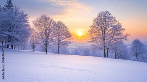 Serene Winter Sunrise Over Snowy Landscape