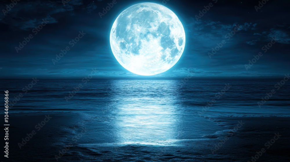 stunning full moon illuminates tranquil ocean, casting serene glow on waters surface. night sky is filled with soft clouds, enhancing peaceful atmosphere stunning full moon illuminates tranquil ocean, casting serene glow on waters surface. night sky is filled with soft clouds, enhancing peaceful atmosphere