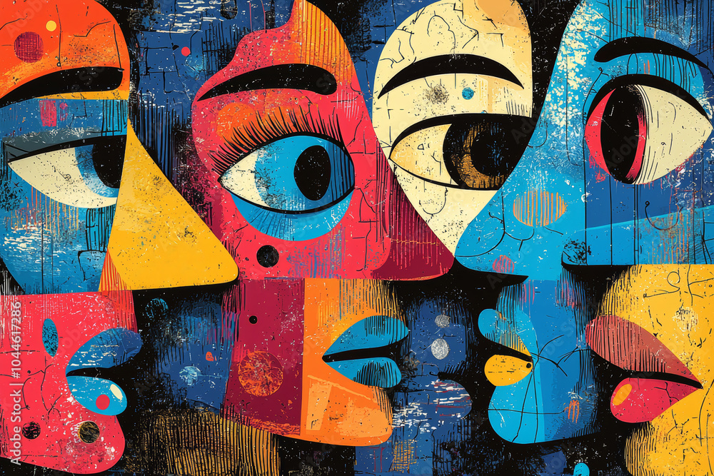Obraz premium Colorful abstract artwork of diverse faces showcasing emotion and connection in a vibrant urban setting