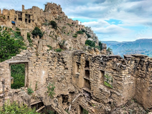 Gamsutl – a ghost village in the mountains of Dagestan at an altitude of about 1.5 thousand meters above sea level. Russia.	 photo