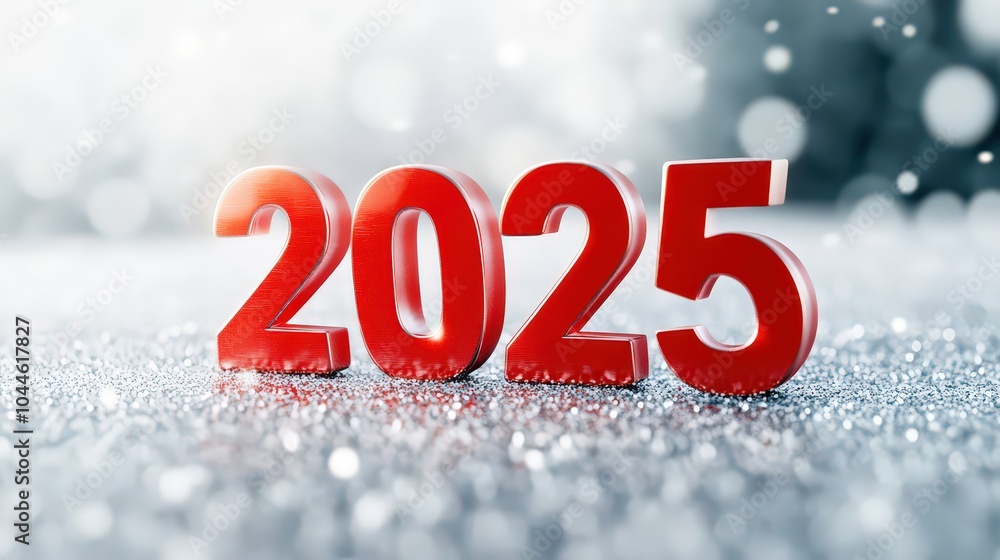 Red 3d numbers 2025 on a white snowy background, symbolizing the new year and looking forward to the future.