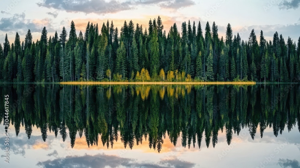 Fototapeta premium A tranquil lake reflecting a forested shoreline at sunset, showcasing vibrant colors and a serene atmosphere.