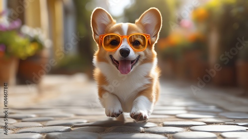 Happy corgi wearing sunglasses, running on a cobblestone path, colorful garden background. photo