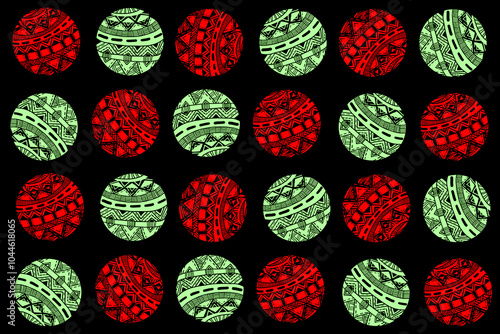 A pattern of red and green circles unevenly spaced on a black background. The circles are filled with a white ornament. The ornament consists of various geometric elements. Christmas. Wrapping paper. photo