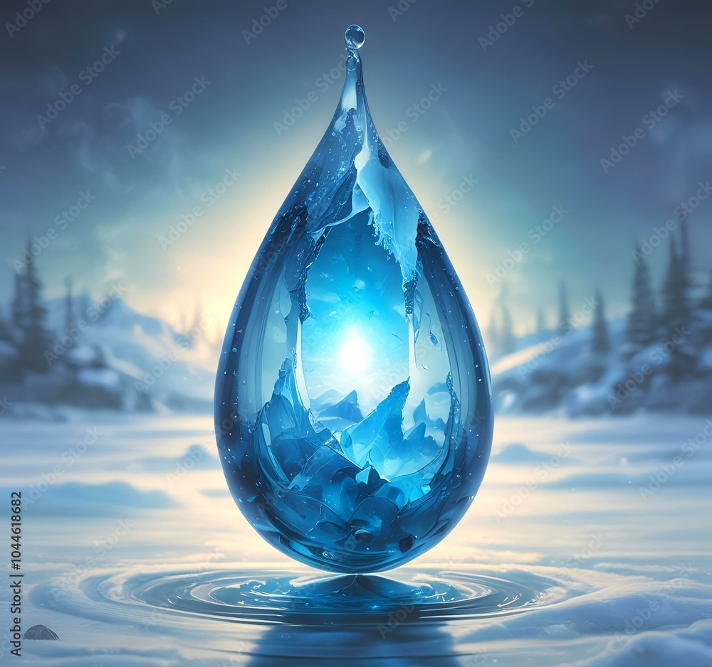 Fototapeta premium Illustration of blue glowing frozen water drop with fresh energy inside.