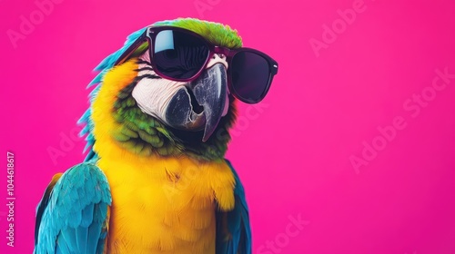 Colorful parrot wearing sunglasses against a vibrant pink backdrop