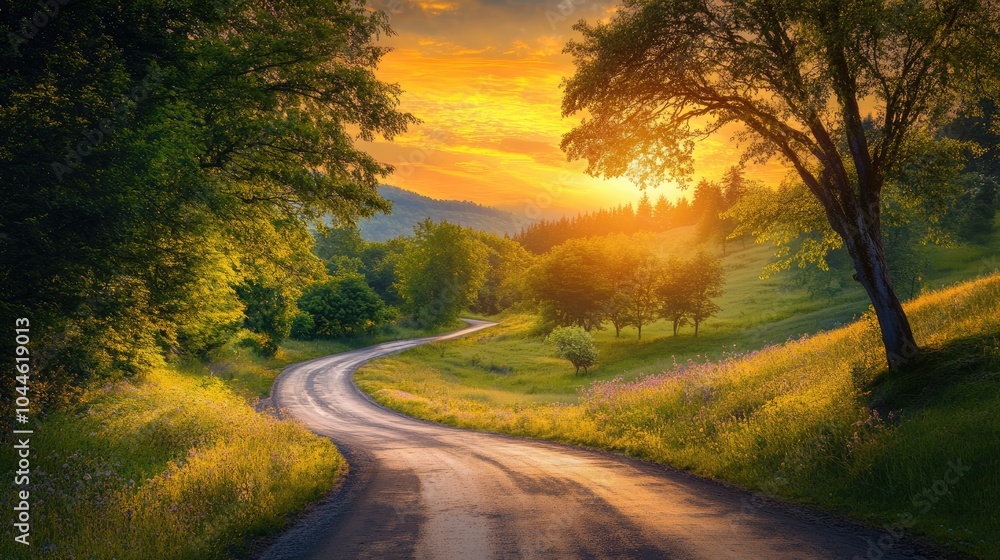 Tranquil Sunset Road Depicting Natural Beauty and Serenity Tranquil Sunset Road Depicting Natural Beauty and Serenity