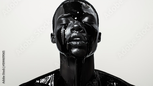 Dramatic image of a person with black oil dripping down their face, evoking themes of art and symbolism in photography. photo