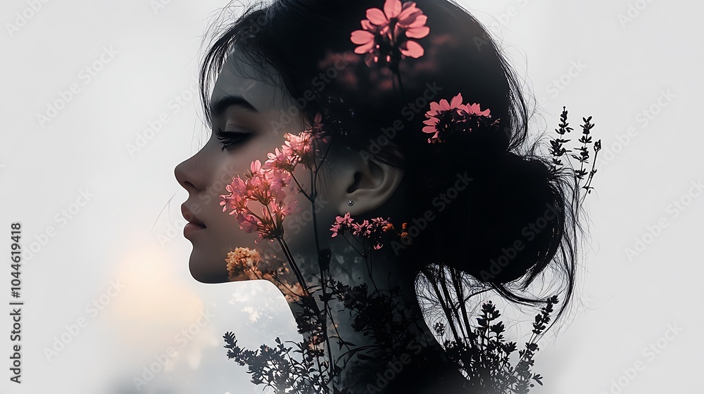 Fototapeta premium A girl’s face dissolving into lavender flowers, the delicate petals seamlessly blending into her features on a light gray background, soft ambient light casting gentle shadows,