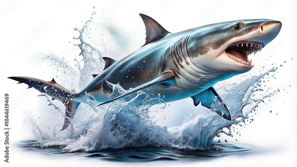 Naklejka premium Silhouette of a flying shark with open jaw in water splash on white background