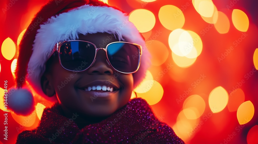 Joyful child wearing Santa hat and sunglasses, surrounded by festive holiday lights, embodying the spirit of Christmas celebration. Joyful child wearing Santa hat and sunglasses, surrounded by festive holiday lights, embodying the spirit of Christmas celebration.