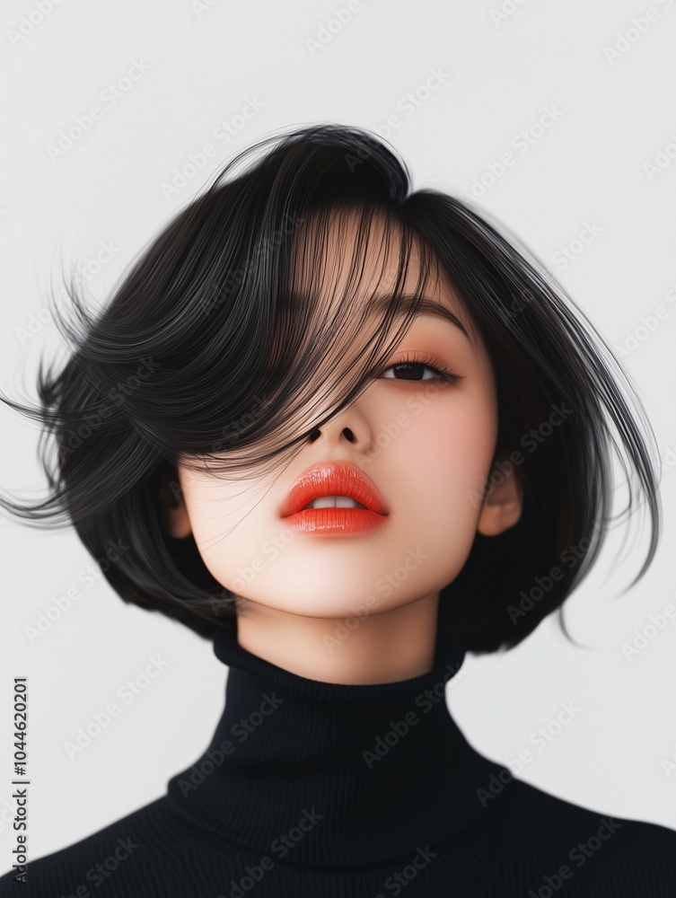 A Japanese woman with a middle lenght hairstyle dressed in a casual yet trendy outfit A Japanese woman with a middle lenght hairstyle dressed in a casual yet trendy outfit