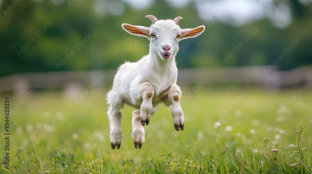 Playful baby goat leaping in a lush green field A joyful young goat enjoying its time on the farm Playful baby goat leaping in a lush green field A joyful young goat enjoying its time on the farm