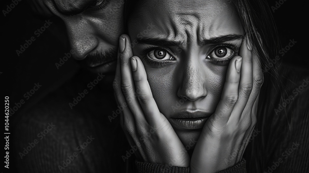 Fototapeta premium Close-up black and white portrait capturing intense emotions and tension, highlighting expressive eyes and facial details.