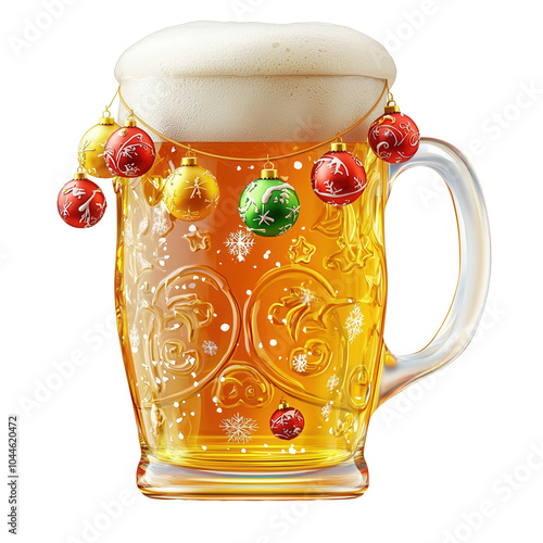 Festive beer mug adorned with Christmas ornaments and foam, perfect for holiday celebrations. photo