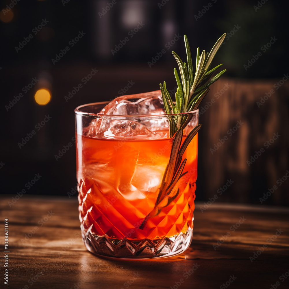 Close up view of red and orange cocktail with rose Close up view of red and orange cocktail with rose