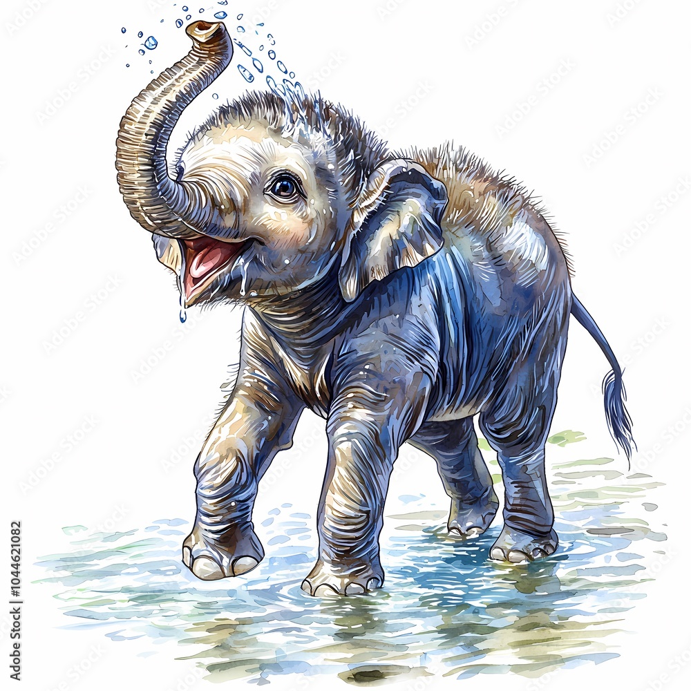 Obraz premium Joyful Baby Elephant Splashing in Watercolor