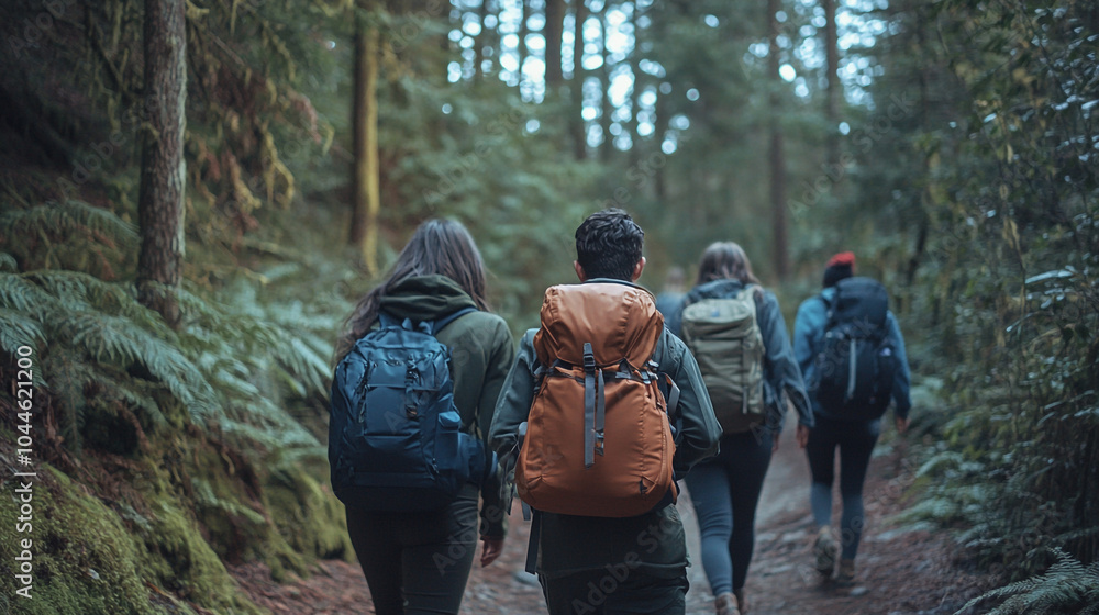 Group of hikers exploring a forested trail on National Hiking Day in the early morning light Group of hikers exploring a forested trail on National Hiking Day in the early morning light