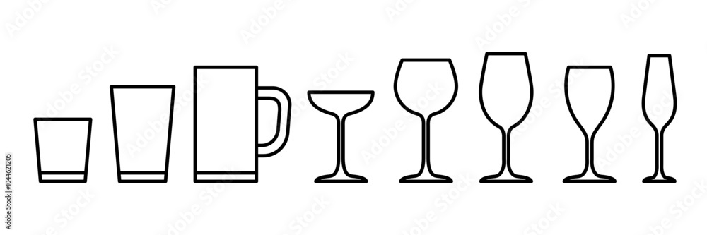 Water glass cup line icon. Glassware and Drinkware icons of beer, wine, alcohol, brandy, martini, champagne, milk, Cocktail, glasses royalty, Vector illustration isolated on transparent background. Water glass cup line icon. Glassware and Drinkware icons of beer, wine, alcohol, brandy, martini, champagne, milk, Cocktail, glasses royalty, Vector illustration isolated on transparent background.
