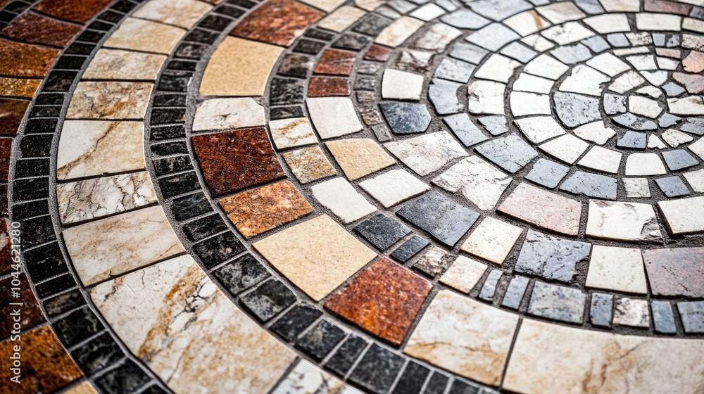Fototapeta premium Close up view of mosaic marble ceramic tiles arranged on a bathroom floor showcasing intricate patterns and textures for a home improvement theme