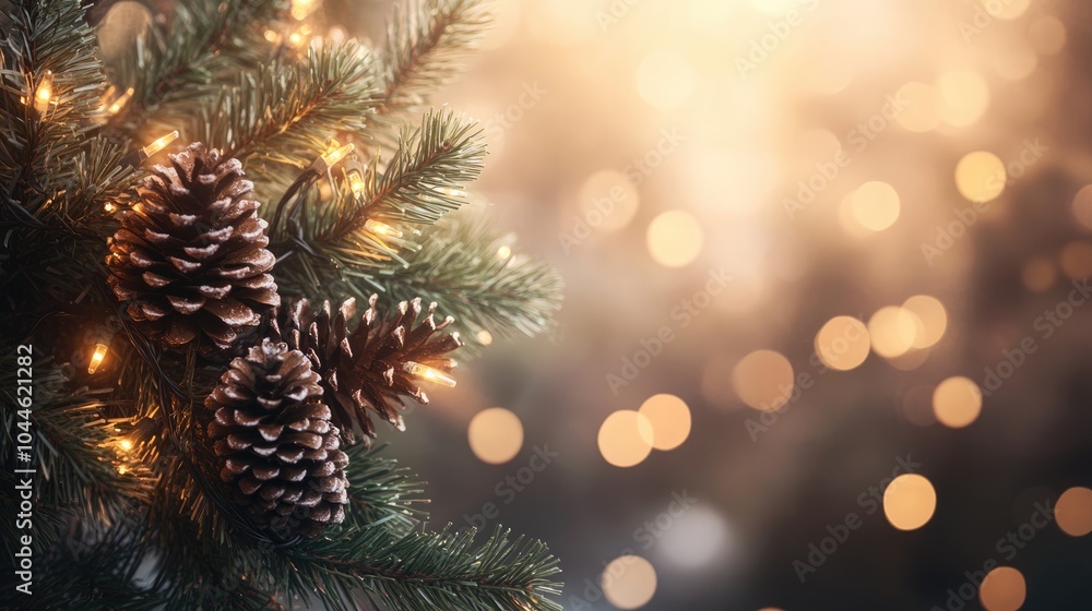 Festive backdrop featuring a pine branch adorned with cones and string lights set against a soft blurred background with warm bokeh evoking a serene holiday ambiance Festive backdrop featuring a pine branch adorned with cones and string lights set against a soft blurred background with warm bokeh evoking a serene holiday ambiance