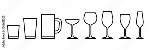 Water glass cup line icon. Glassware and Drinkware icons of beer, wine, alcohol, brandy, martini, champagne, milk, Cocktail, glasses royalty, Vector illustration isolated on transparent background.