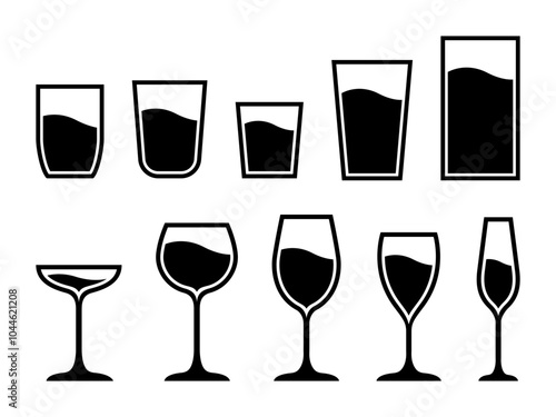 Water glass cup line icon. Glassware and Drinkware icons of beer, wine, alcohol, brandy, martini, champagne, milk, Cocktail, glasses royalty, Vector illustration isolated on transparent background.