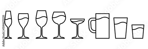 Water glass cup line icon. Glassware and Drinkware icons of beer, wine, alcohol, brandy, martini, champagne, milk, Cocktail, glasses royalty, Vector illustration isolated on transparent background.