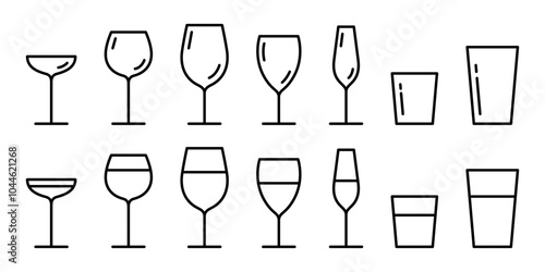 Water glass cup line icon. Glassware and Drinkware icons of beer, wine, alcohol, brandy, martini, champagne, milk, Cocktail, glasses royalty, Vector illustration isolated on transparent background.