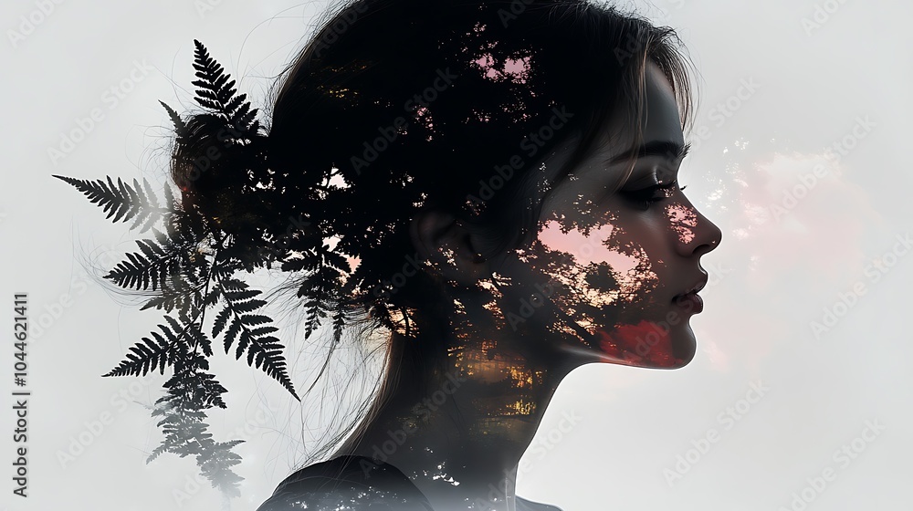 Fototapeta premium A girl's facial silhouette dissolving into fern leaves, the delicate foliage blending softly into her skin on a pale green background, ambient light creating a tranquil, surreal mood, hd quality,
