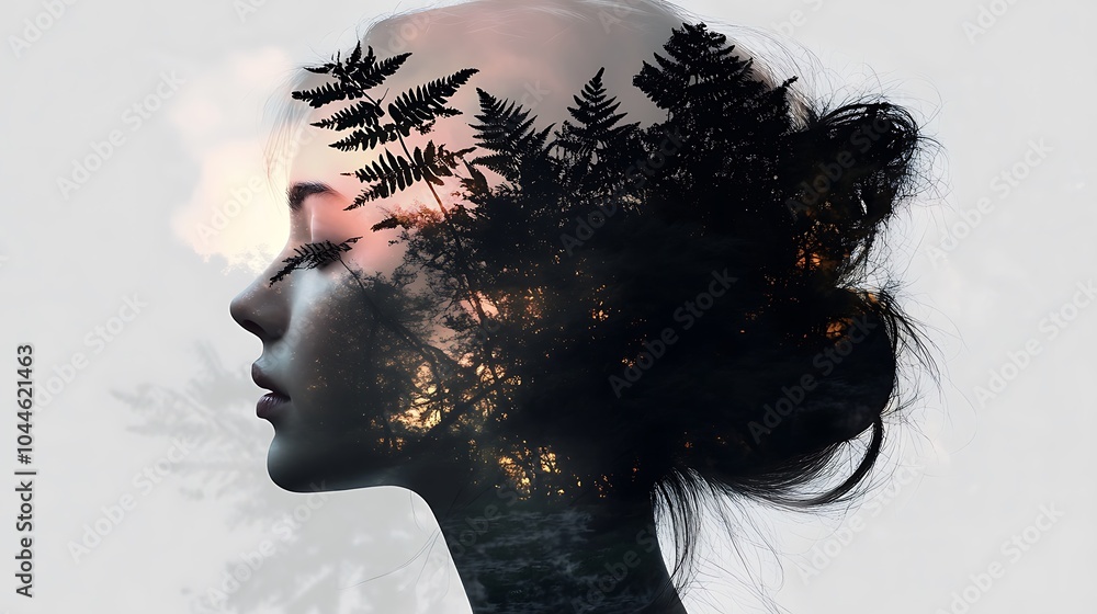 Fototapeta premium A girl's facial silhouette intertwined with fern leaves, the foliage blending seamlessly with her features on a pale green background, gentle light casting a peaceful and ethereal mood, hd quality,