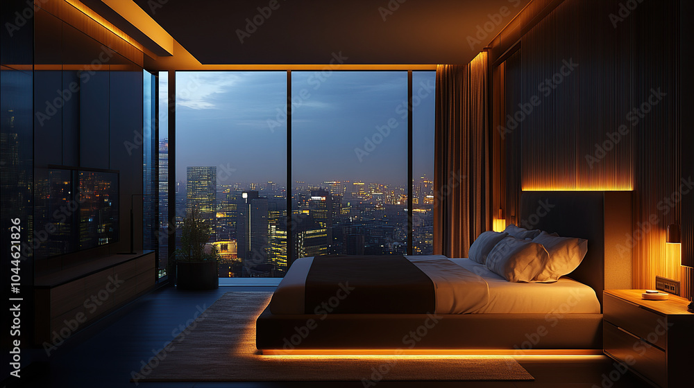 A spacious bedroom with large windows, offering a night view of the city. The modern interior features dark colors A spacious bedroom with large windows, offering a night view of the city. The modern interior features dark colors