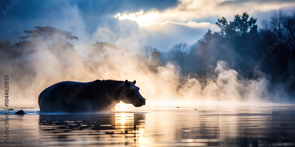 Fototapeta premium Silhouette of a hippo in a Japanese style hot spring during winter