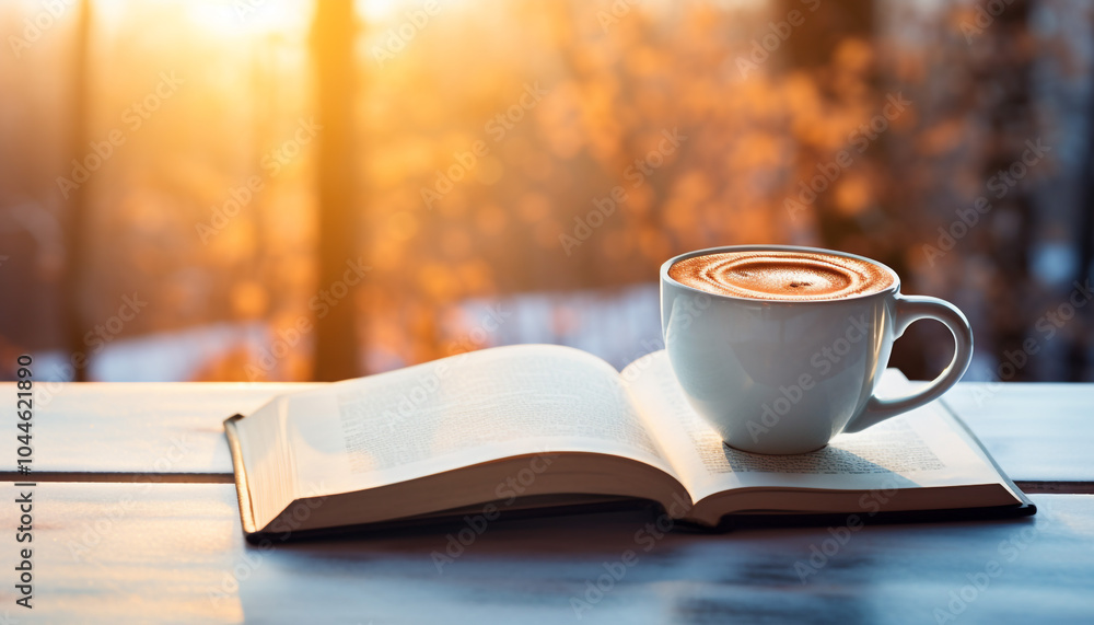 Coffee cup and open book close up Winter Coffee cup and open book close up Winter