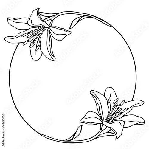 Lillies flower wreath, hand drawn illustration for design of card or wedding invitation.