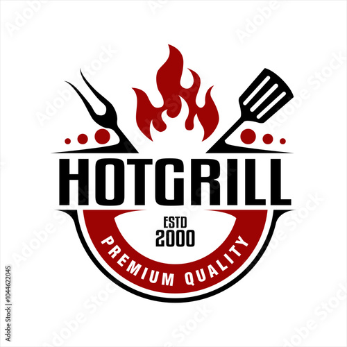 Hot Grill BBQ Logo premium label Design Vector Template red  fire flame fork icon illustration vintage retro restaurant logo