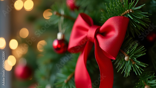 Red ribbon bow adds a festive touch to green decorations in holiday decor concepts and themes everywhere quickly becoming popular this season. photo